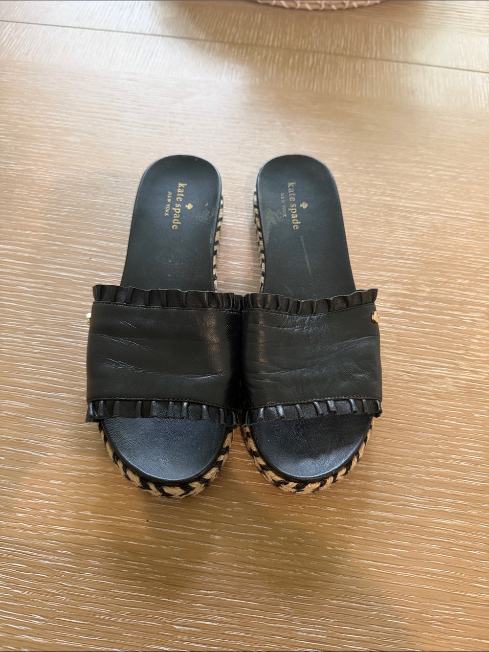kate spade Black Leather Ruffle Espadrille Slide Mules 8